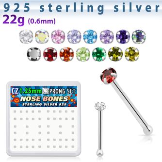 nbzbc12 box of silver nose bones w 1 25mm clear prong set cz