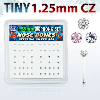 nbzbm12 box of silver nose bones with 1 25mm prong set cz