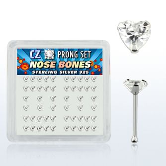nbzhc box of silver nose bones with 3mm heart clear prong cz