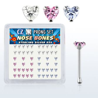 nbzhm silver nose bones w heart assorted color prong cz
