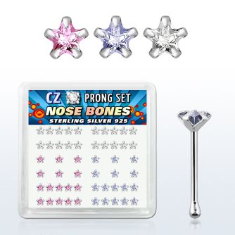 nbzsm box of silver nose bones with assorted color prong cz