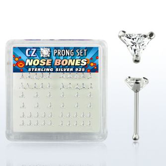 nbztrc box of silver nose bones with 3mm triangle prong cz