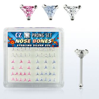 nbztrm silver nose bones w triangle assorted color prong cz