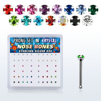 npbm box of silver nose bones with assorted prong crystals