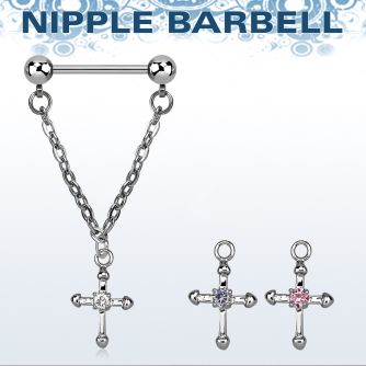 npdl3 steel nipple barbell w a dangling cross w cz stone