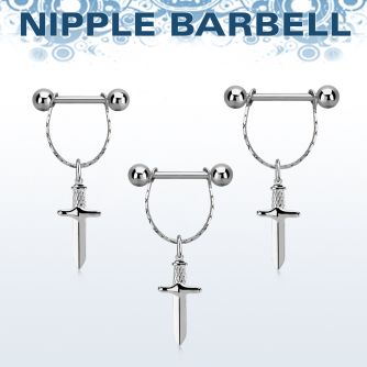 npdl47 barbell pezon acero quirurgico dos bolas conectadas traves una pequena cadena colgante punal colgante laton chapado plata