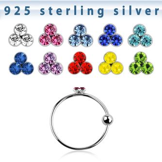 ns06tm sterling silver hoop nose ring with ball tri crystals