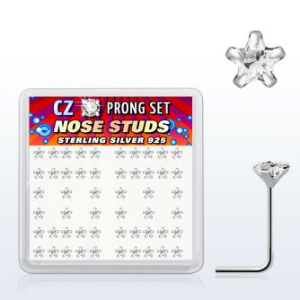 nszbsc box of silver nose studs with 3mm star clear prong cz
