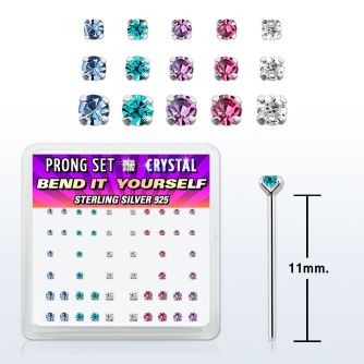 nybxpbm silver bend it nose studs w assorted prong crystals
