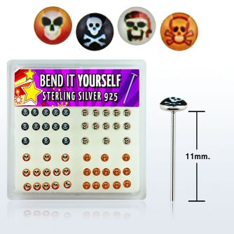 nylgx2 silver bend it nose studs with assorted skull logo