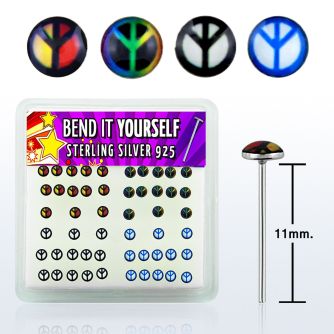 nylgx4 silver bend it nose studs with assorted peace sign logo
