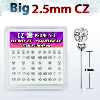 nyzbc25 silver bend it nose studs w big 2 5mm clear prong set cz