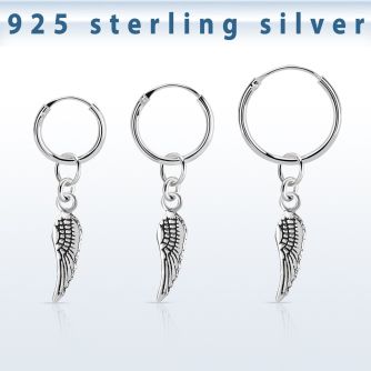 phod44 silver helix hoop earring w a silver bird wing dangling