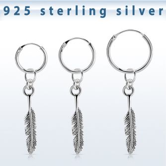 phod47 silver helix hoop earring w a silver feather dangling