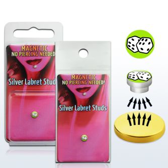 pkml8 piercing labret falso magnetico plata 925 4mm logo dados fondo verde bandeja magnetica dorada 1 pieza distribuidor mayorista