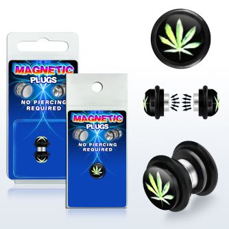 pkmp69 plug falso magnetico acrilico negro logo marihuana verde fondo negro anillos goma 8mm 1 pieza al por mayor