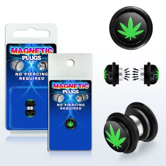 pkmp72 plug falso magnetico acrilico negro logo marihuana verde fondo negro anillos goma 8mm 1 pieza mayorista