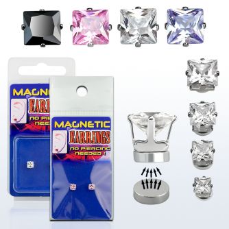 pkmszq pair of magnetic steel ear studs w square prong set cz