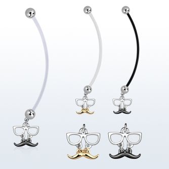 pnd507 piercing ombligo embarazada bolas 5mm acero colgante negro dorado bigote gafas longitud 50mm mayorista