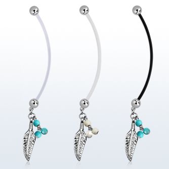 pnd601b pregnancy belly ring w dangling feather turquoise balls 