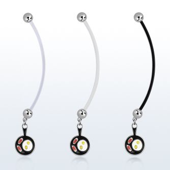 pnd646 pregnancy belly ring w dangling bacon eggs black pan 