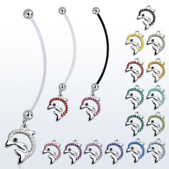 pnd672 pregnancy belly ring w dangling crystal studded dolphin 