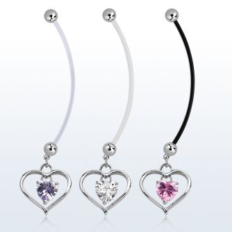 pndz115 pregnancy belly ring w dangling heart w inner heart cz 