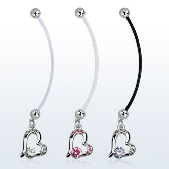 pndz362 pregnancy belly ring w dangling heart w a prong set cz