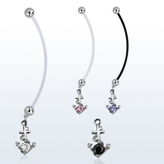 pndz371 pregnancy belly ring w dangling anchor w round cz