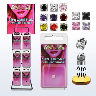 rkpkmz estante 72 piercings labret magneticos plata variados con zirconia redonda 3mm zirconia cuadrada 4mm venta