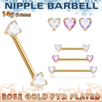 rose gold steel nipple barbell prong set heart shaped czs