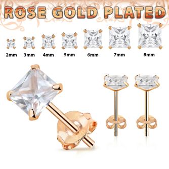 rpqz one pair rose gold plated silver ear studs square cz