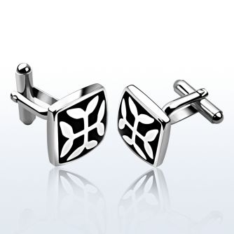 scl16 high polished square steel cufflinks w flower on black