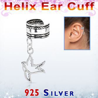silver helix ear cuff w a rope edge w a bird dangling 