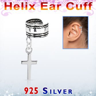 silver helix ear cuff w a rope edge w a cross dangling 