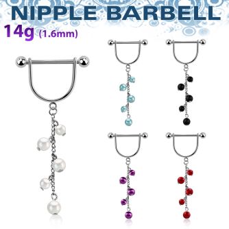 snpod11 316l steel nipple stirrup w chain of faux pearls