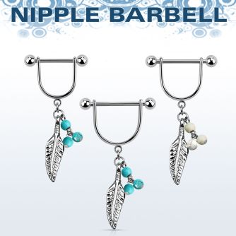 snpod12 316l steel nipple stirrup w feather w turquoise balls