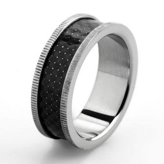 sr187 stainless steel ring with black inlay grooved edges