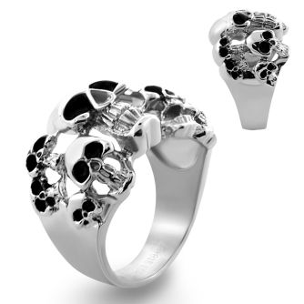 sr257 anillo acero inoxidable brillo espejo multiples calaveras ojos negros venta