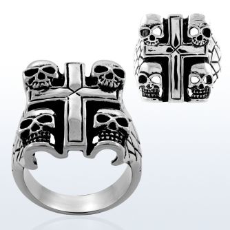 sr266 high polished steel ring with skulls on cross corners