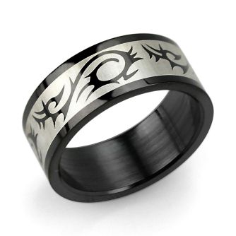 srb10 black stainless steel ring with matte tribal dragon