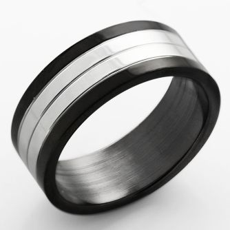 srb63 black stainless steel ring w lined high polished center
