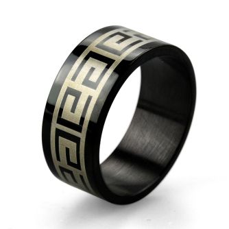 srb6 black anodized stainless steel ring w greek key design