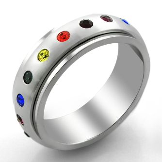 srcrb stainless steel spinner ring w rainbow colored crystals