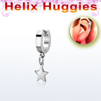 stainless steel huggie w a dangling plain steel star