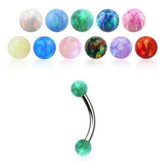 steel eyebrow banana 18g w two 3mm synthetic opal balls