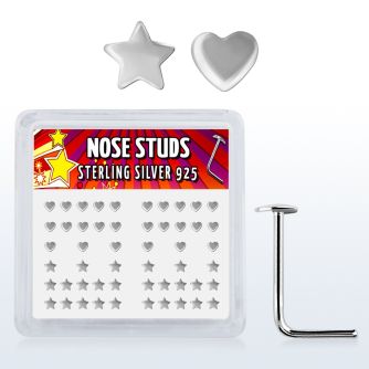 sxvhs box of silver nose studs with 2 5mm heart star top