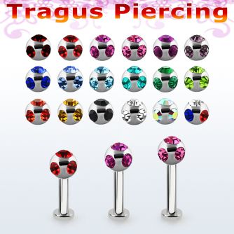 tlbca4 316l steel tragus labret 16g w 4mm multi jewel ball 