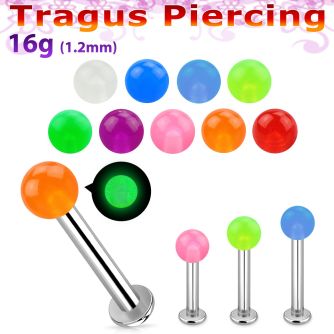 tlbglb3 316l steel tragus labret 16g 3mm glow in the dark ball 