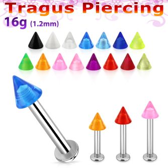 tlbuvcn3 316l steel tragus labret 16g w a 3mm acrylic uv cone 